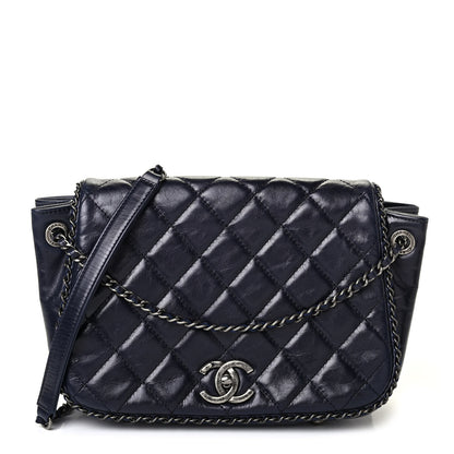 Chanel Glazed Calfskin Quilted Small CC Enchained Accordion Flap Dark Navy Blue 1 of 4