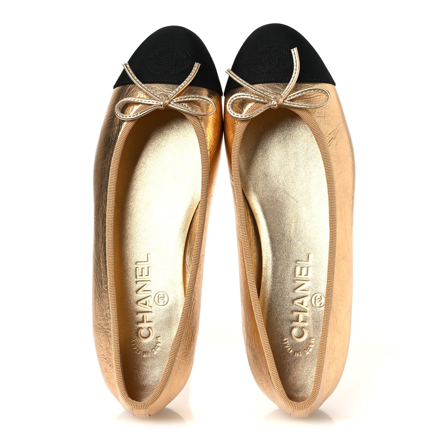 Chanel Laminated Crumpled Lambskin Grosgrain Cap Toe CC Ballerina Flats 37.5 Gold Black 2 of 12
