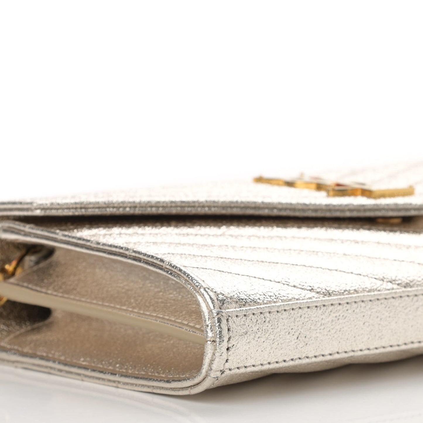 Metallic Grain De Poudre Matelasse Chevron Monogram Chain Wallet Gold