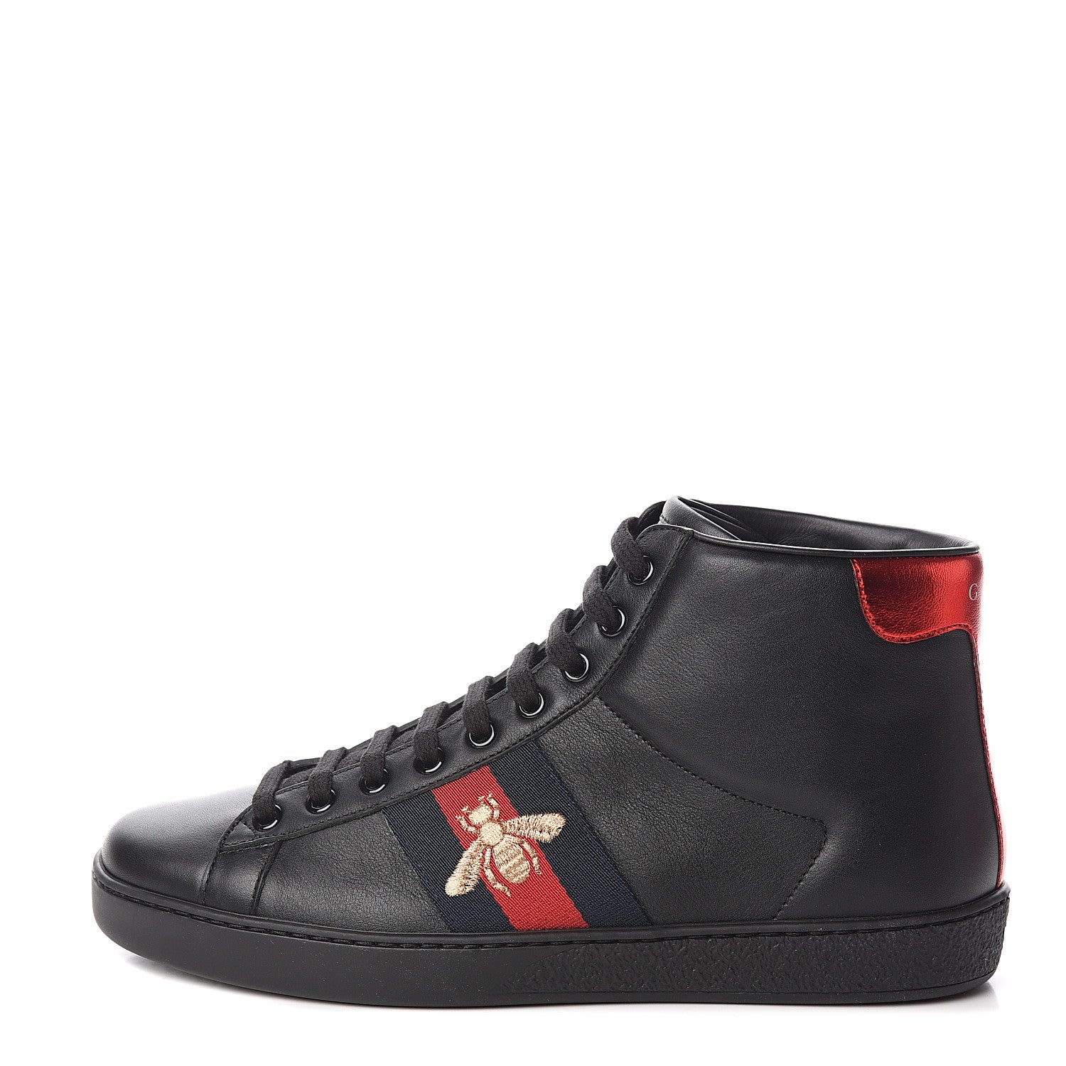 Gucci Calfskin Miro Soft Web Bee Embroidered Mens Ace High Top Sneakers 6.5 Black 1 of 9