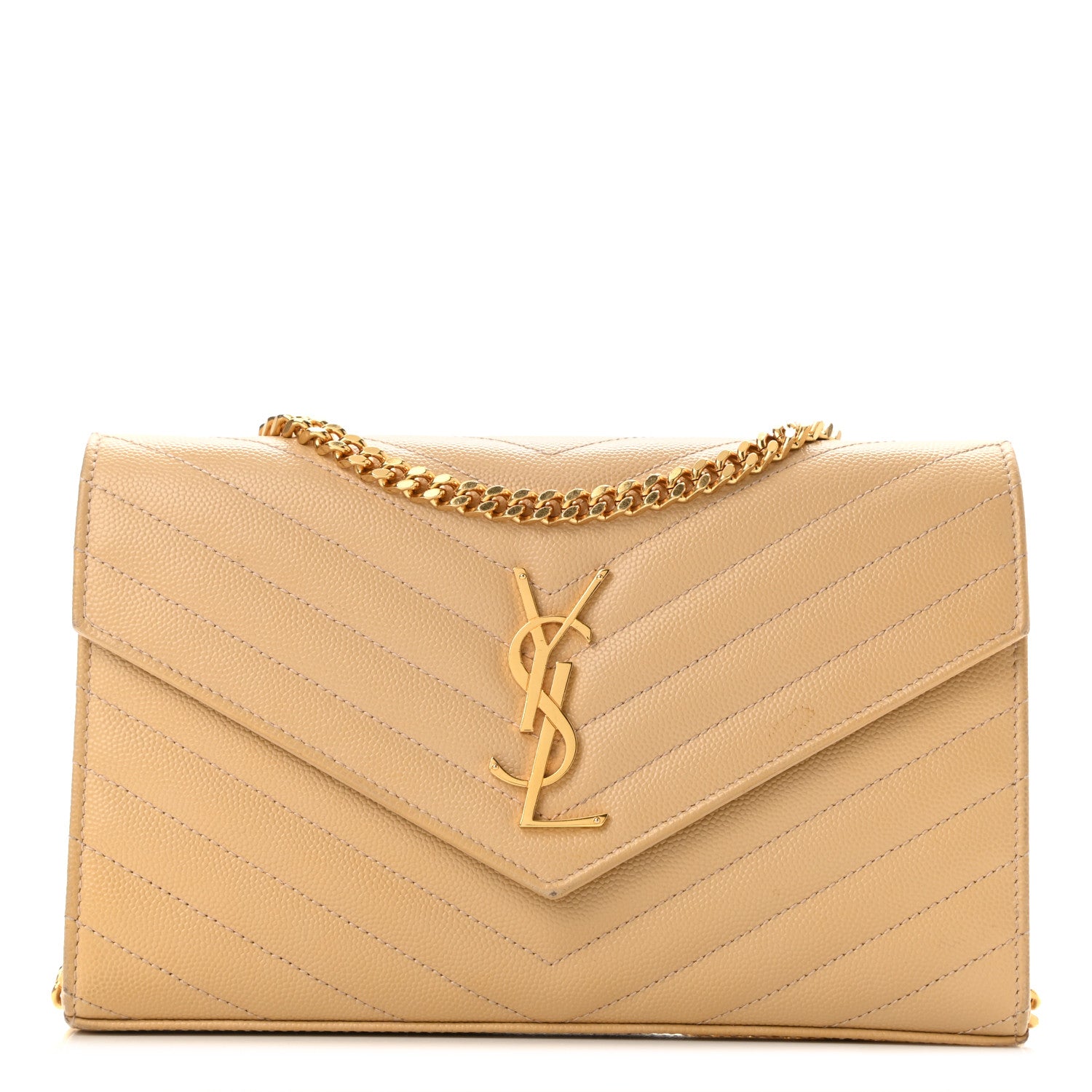 Saint Laurent Grain De Poudre Matelasse Chevron Monogram Chain Wallet Dark Beige 1 of 10