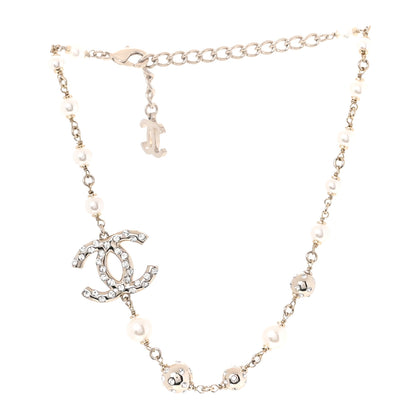 Chanel Pearl Crystal CC Choker Necklace Silver 3 of 5