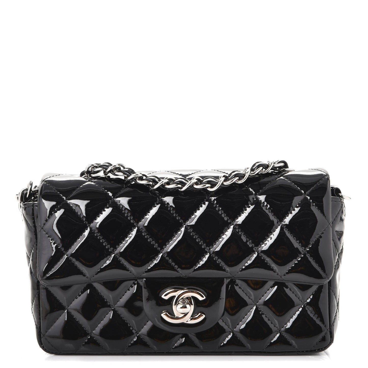 Patent Calfskin Quilted Mini Rectangular Flap Black