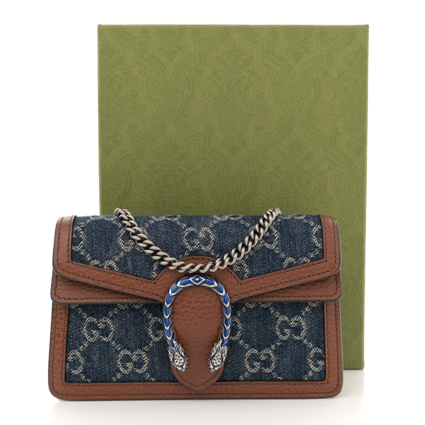 New Denim GG Monogram Dollar Calfskin Enamel Super Mini Dionysus Shoulder Bag Blue Tea Cuir Epilog Electric Blue