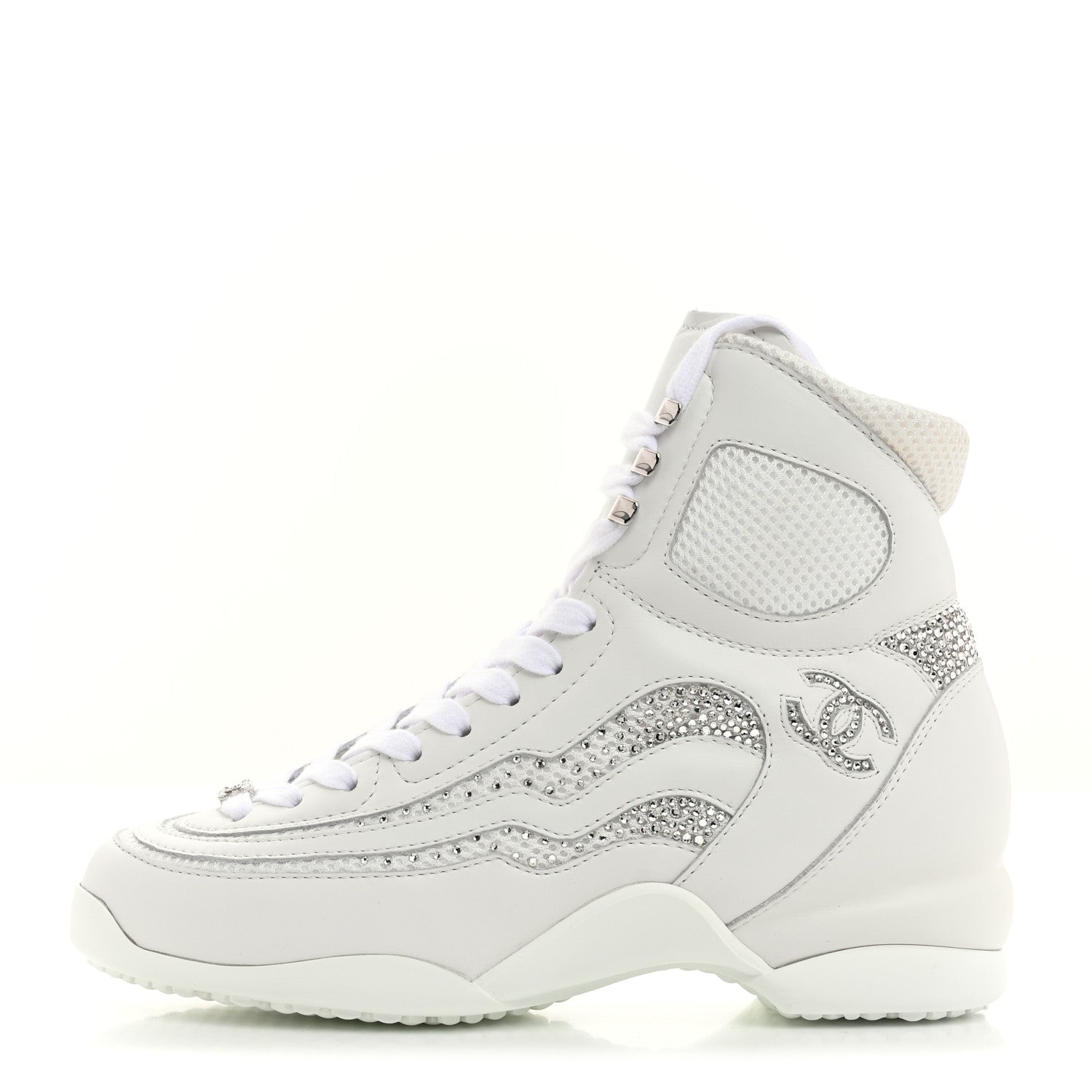 Chanel Calfskin Fabric Mesh Strass Womens CC Sneakers 39 White Silver ...