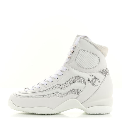 Chanel Calfskin Fabric Mesh Strass Womens CC Sneakers 39 White Silver 1 of 8