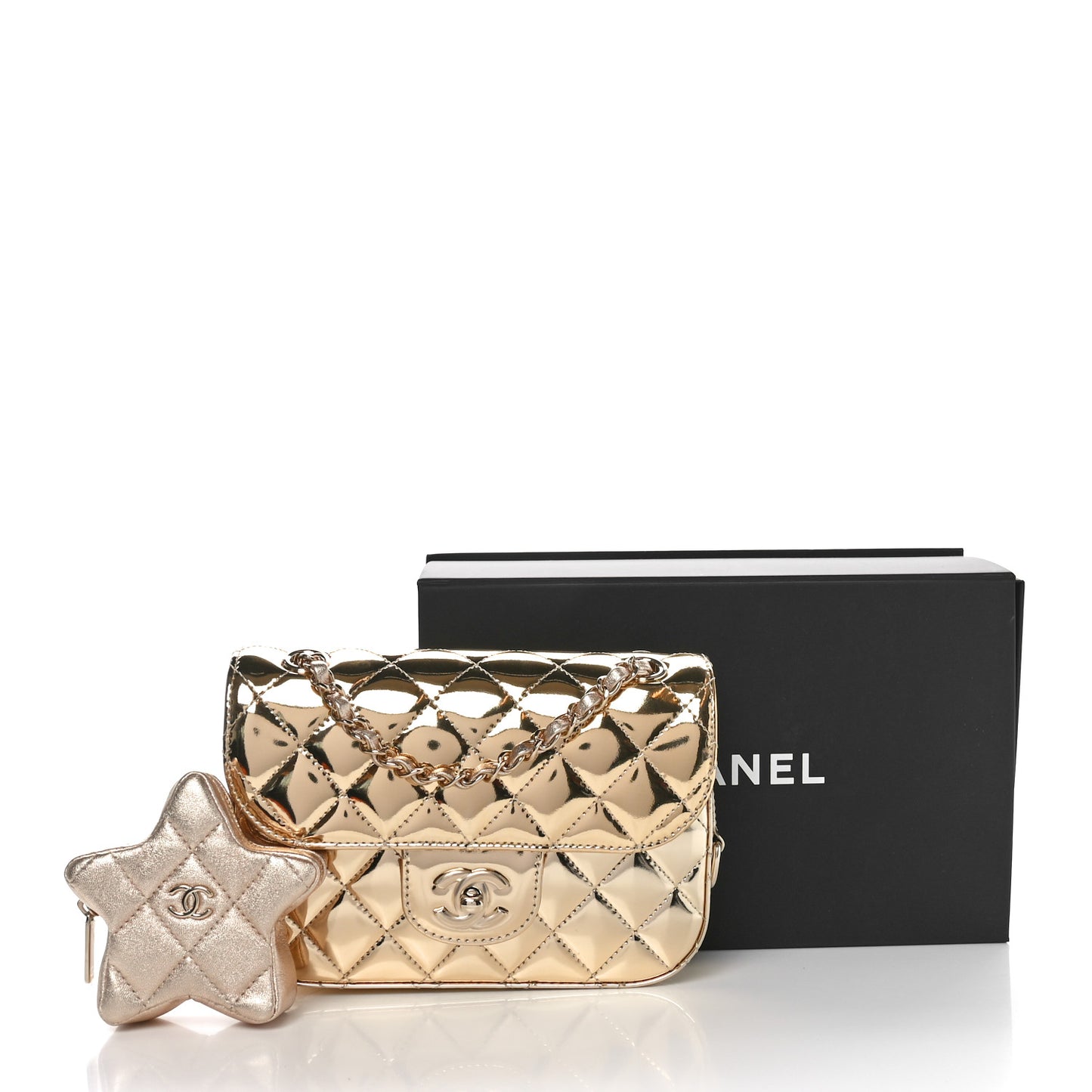 Mirror Calfskin Metallic Calfskin Quilted Hollywood Boulevard Mini Flap With Star Coin Purse Gold