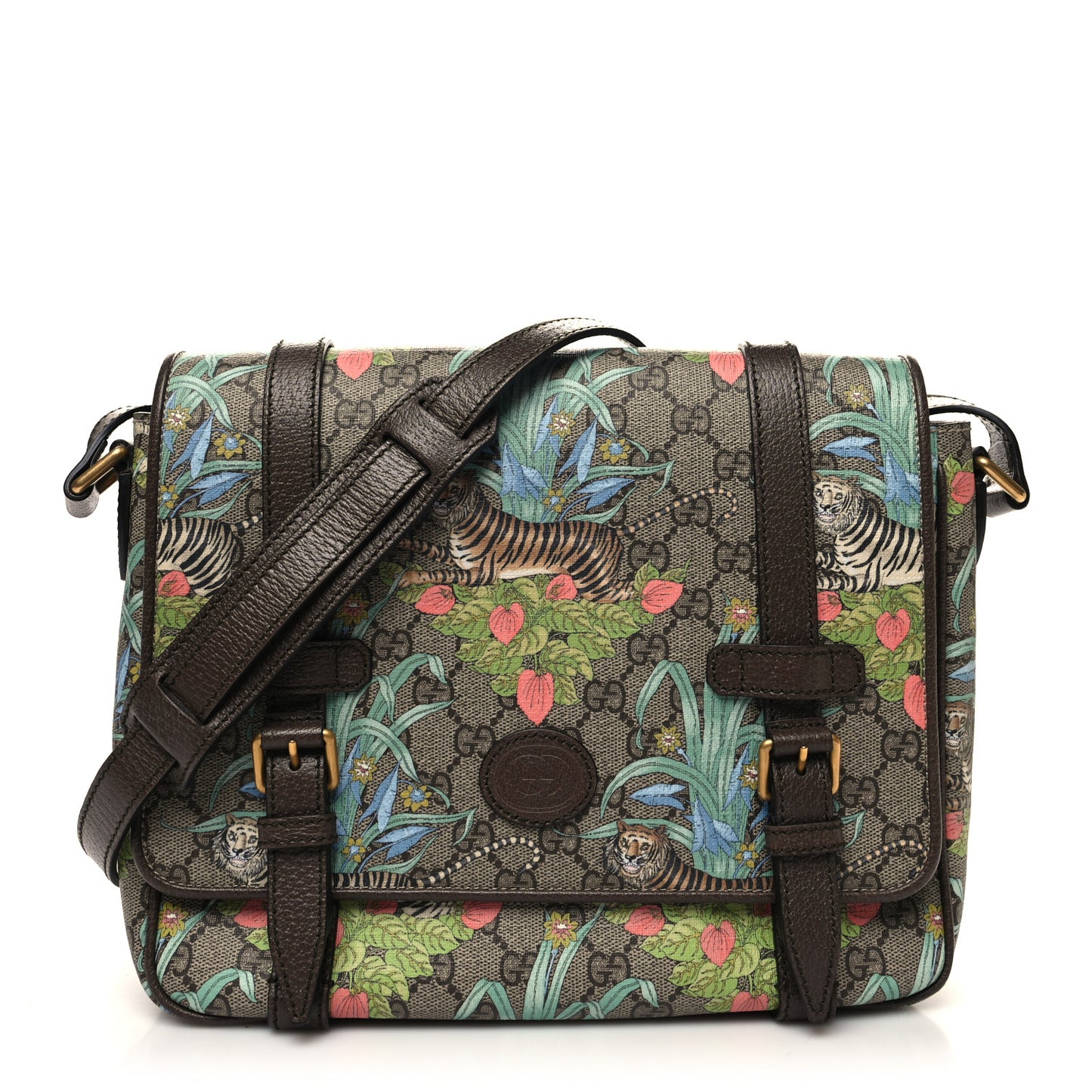 GG Supreme Monogram Tiger Savanah Textured Dollar Calfskin Retro Interlocking G Flap Messenger Bag Beige Ebony Multicolor New Acero