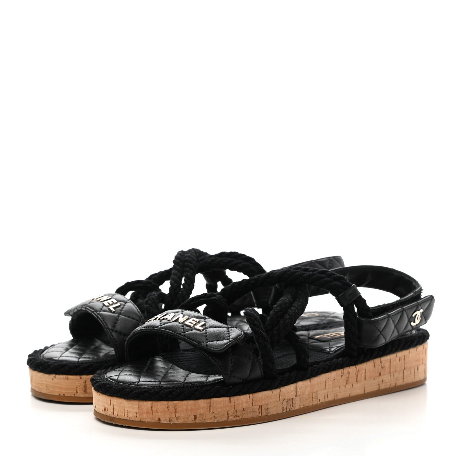 Chanel Cord Lambskin Quilted Logo Sandals 39 Black 3 of 9