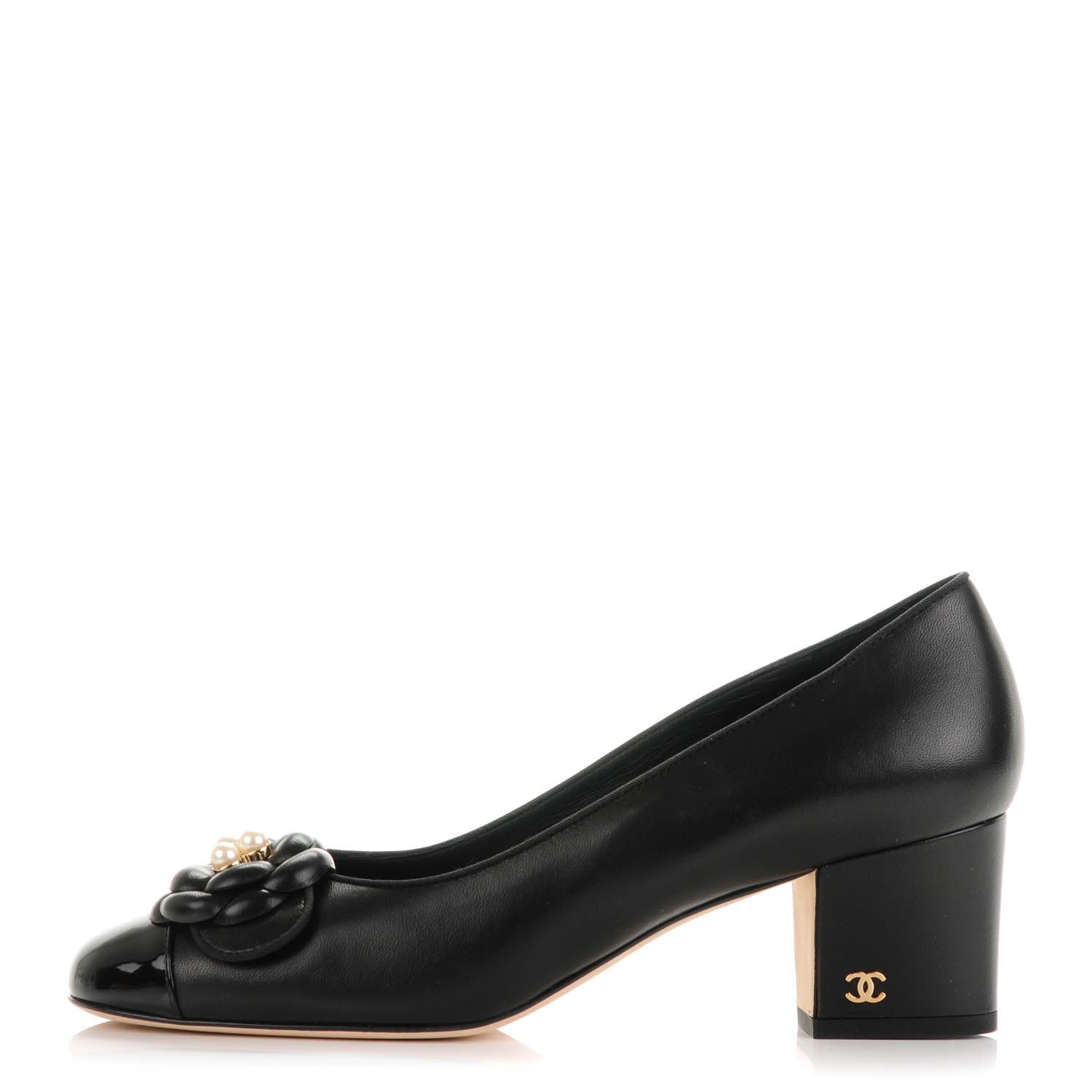 Chanel Lambskin Patent Calfskin Pearl Camellia Cap Toe Pumps 39 Black 1 of 8