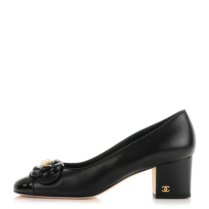 Chanel Lambskin Patent Calfskin Pearl Camellia Cap Toe Pumps 39 Black 1 of 8