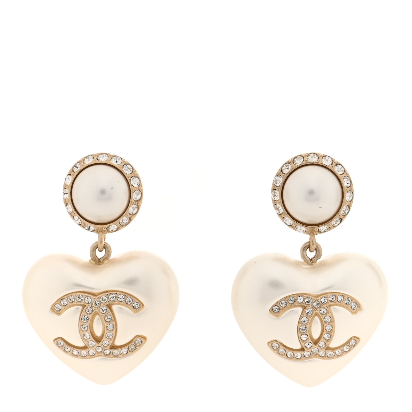 Pearl Crystal CC Heart Drop Earrings Gold