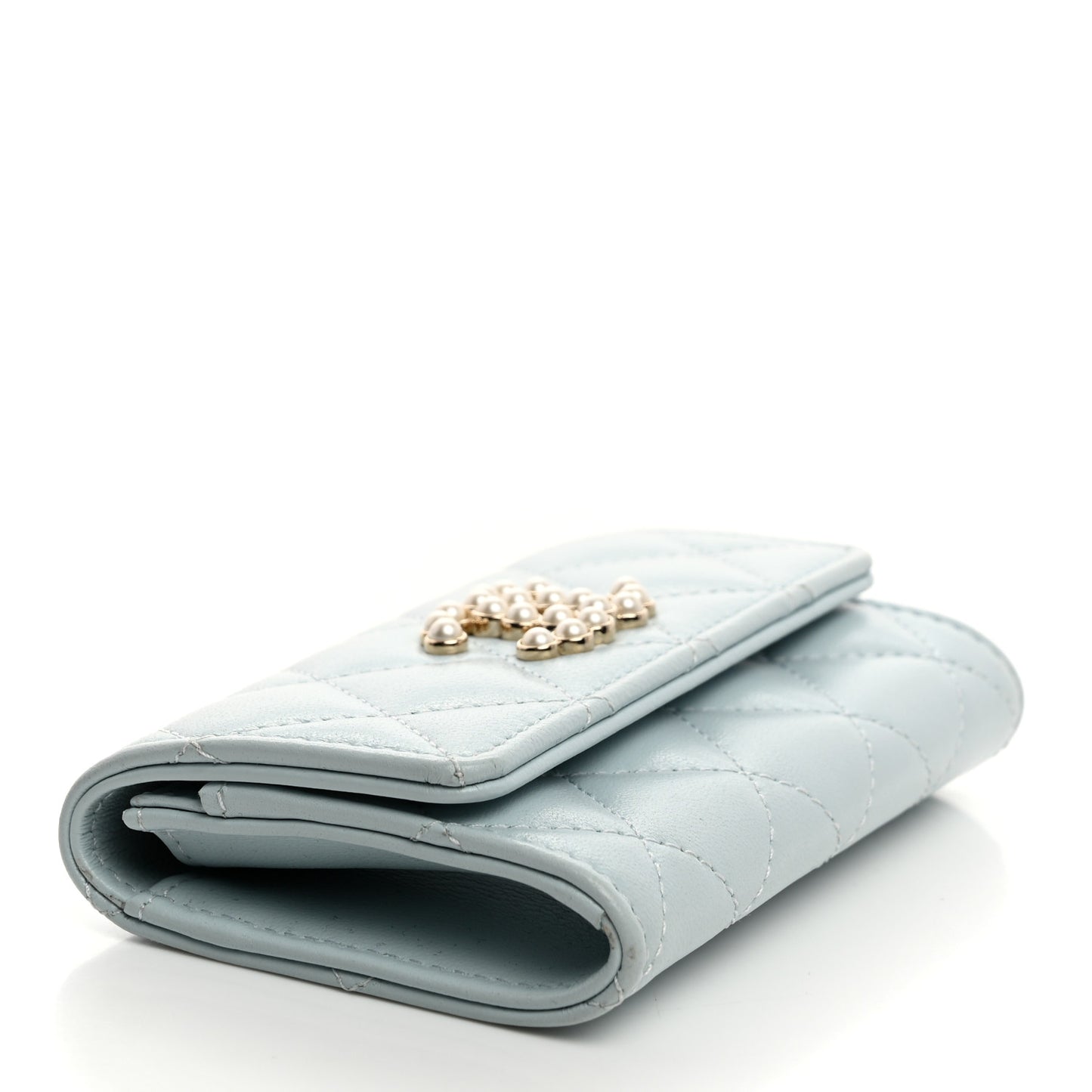 Lambskin Quilted Pearl CC Chanel Flap Card Holder Light Blue