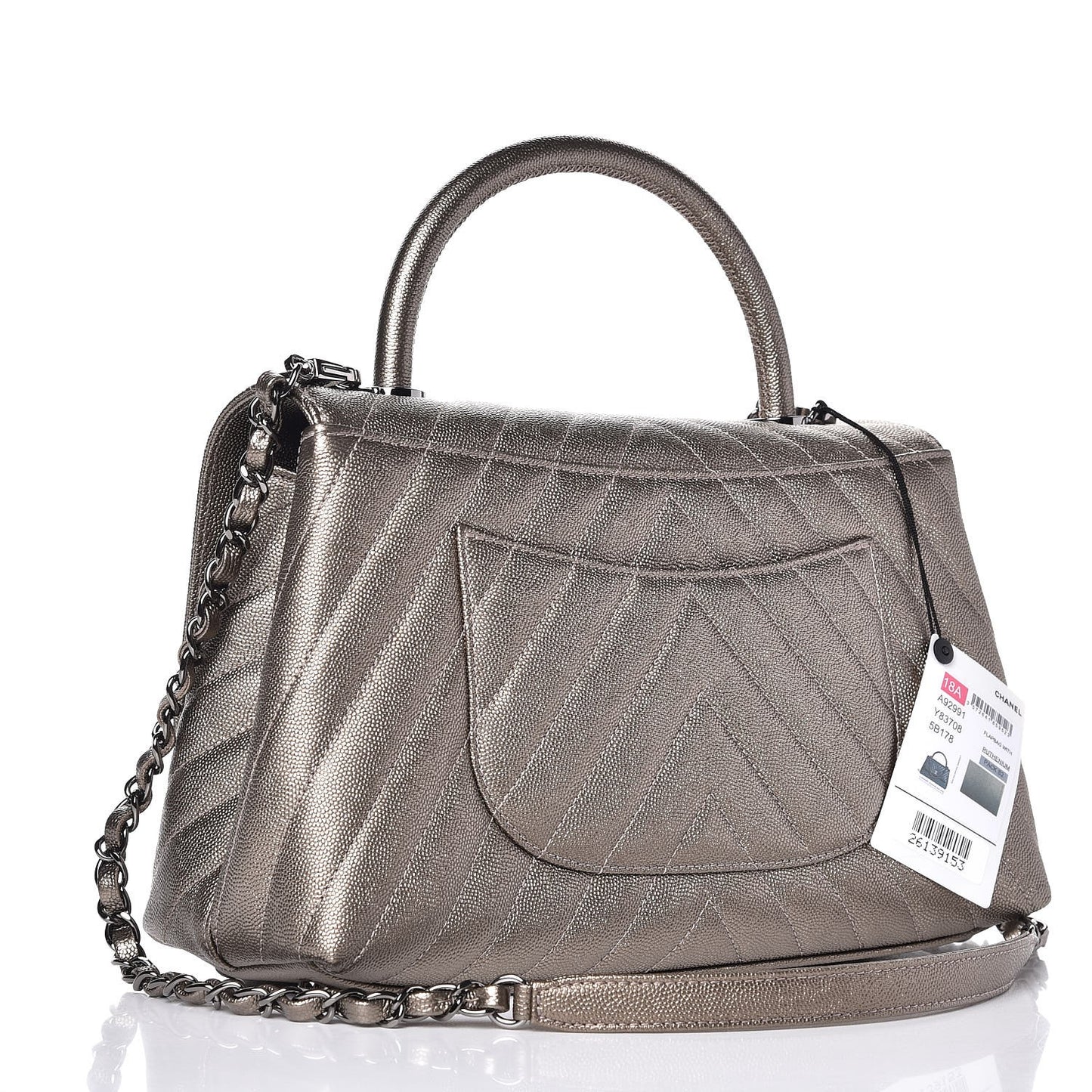 Metallic Caviar Chevron Quilted Small Coco Handle Flap Light Gold