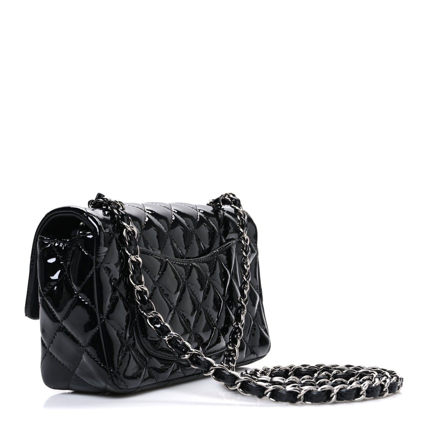 Patent Calfskin Quilted Mini Rectangular Flap Black