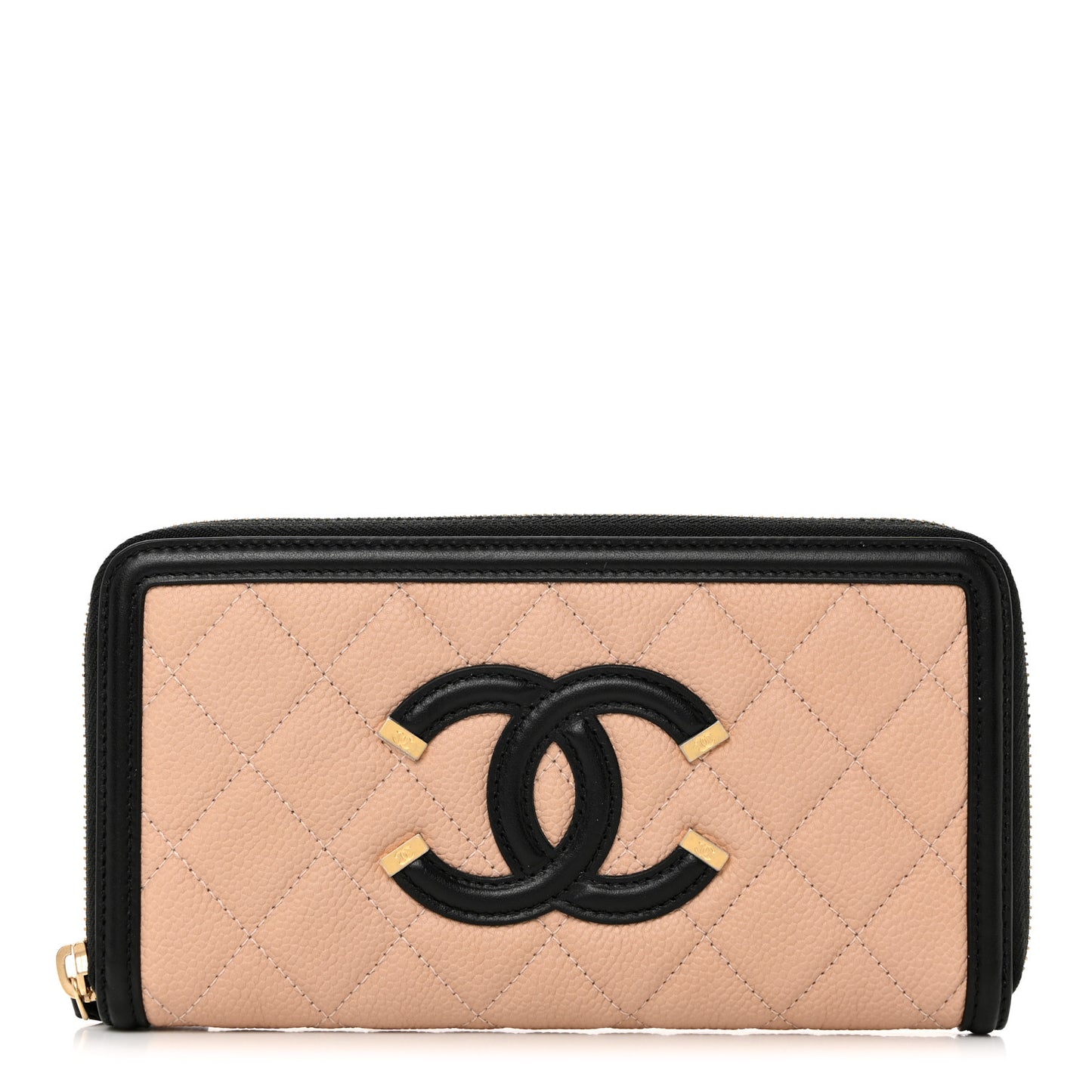 Caviar Quilted Filigree Zip Around Wallet Beige Black