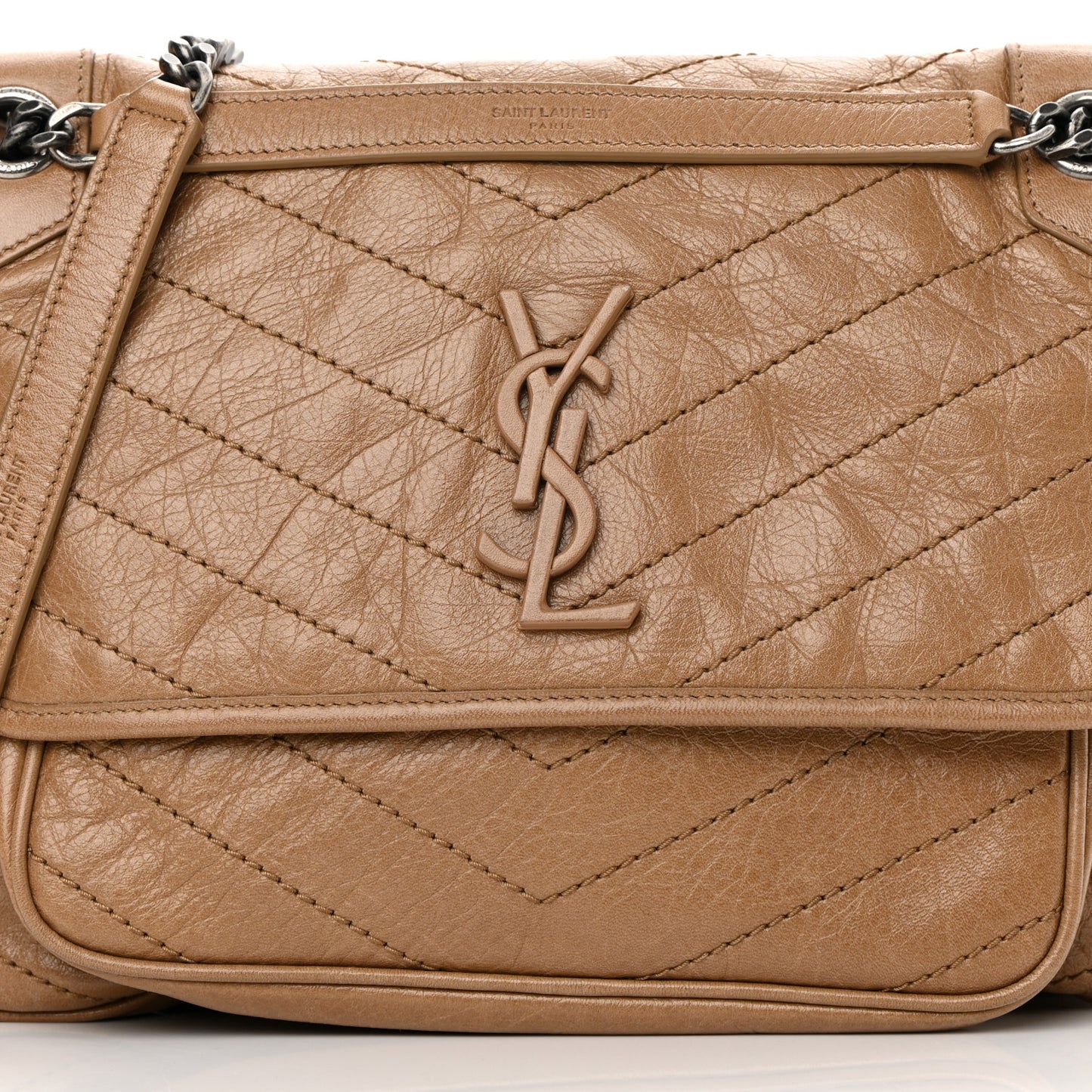 Crinkled Calfskin Matelasse Monogram Medium Niki Chain Satchel Caramel
