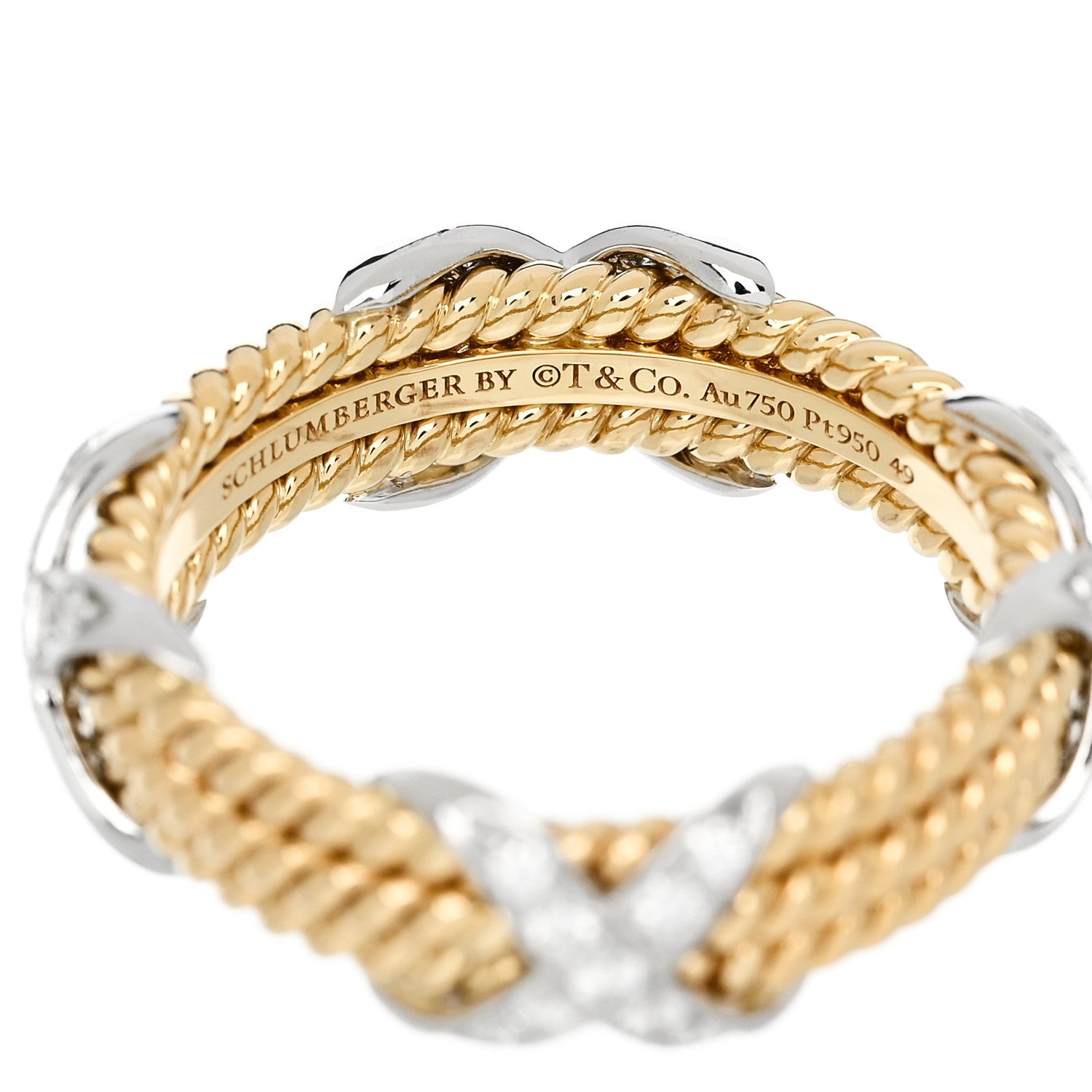 Tiffany 18K Yellow Gold Platinum Diamond Schlumberger Rope Three Row X Ring 54 7 4 of 5