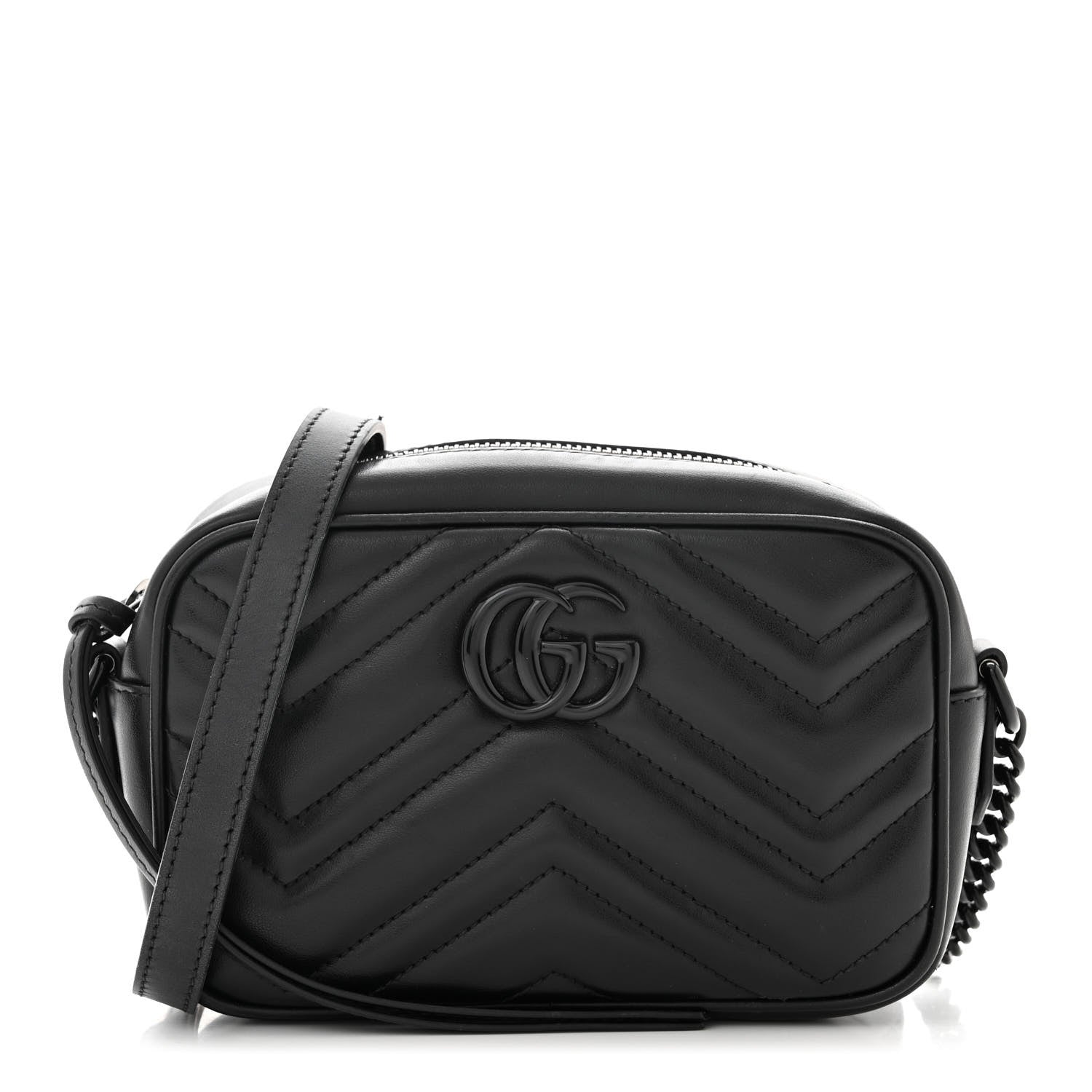 Gucci Calfskin Matelasse Monochrome Mini GG Marmont Chain Shoulder Bag Black 1 of 11