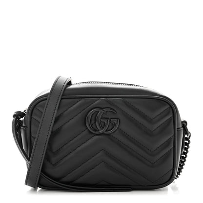 Gucci Calfskin Matelasse Monochrome Mini GG Marmont Chain Shoulder Bag Black 1 of 11