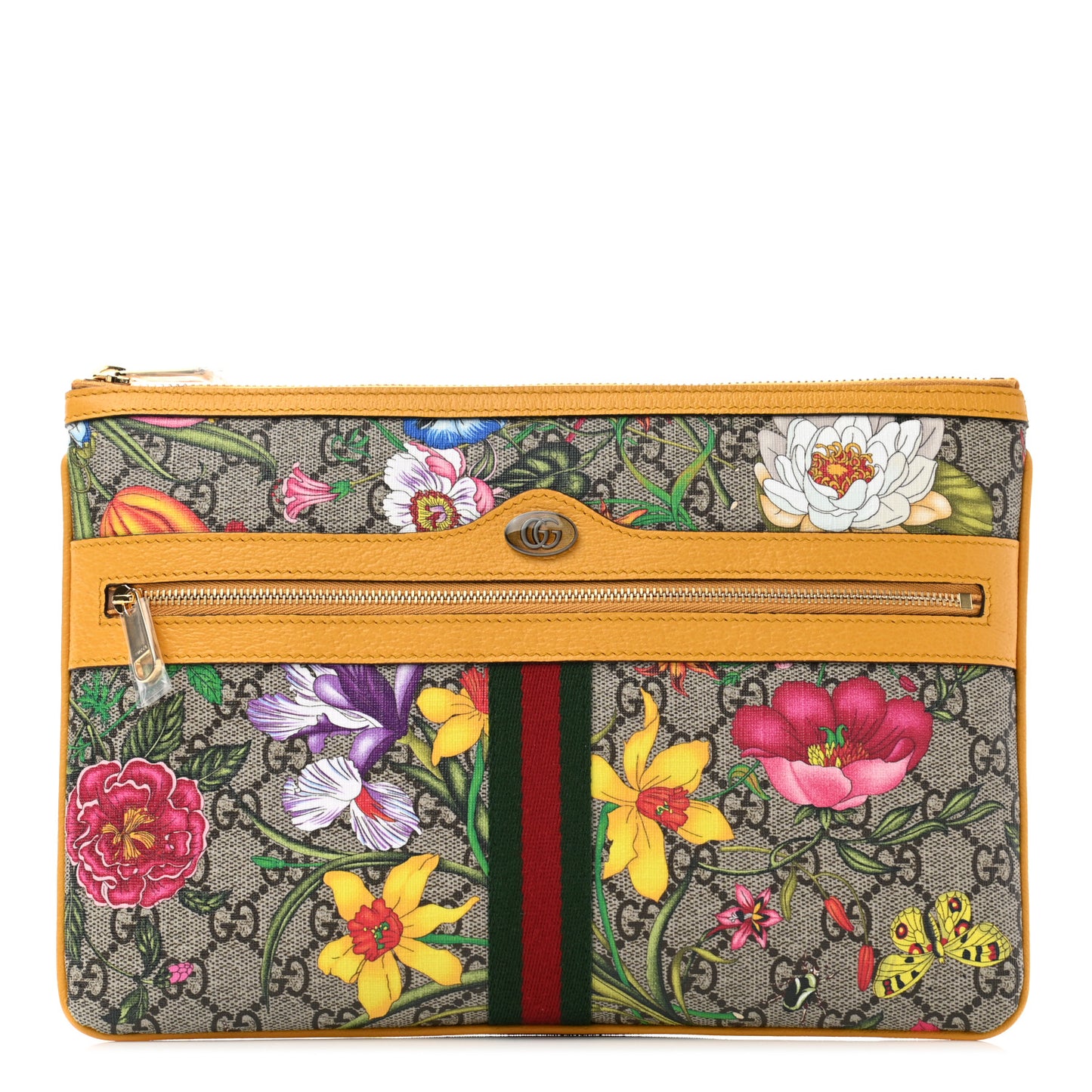 GG Supreme Monogram Flora Large Ophidia Pouch Clutch Beige Multicolor Crop