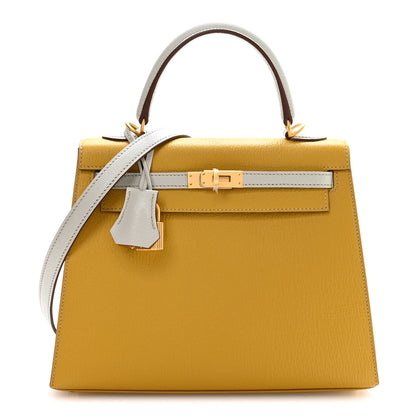 Hermes Chevre Mysore Horseshoe Kelly Sellier 25 Jaune Ambre Bleu Glacier 1 of 11