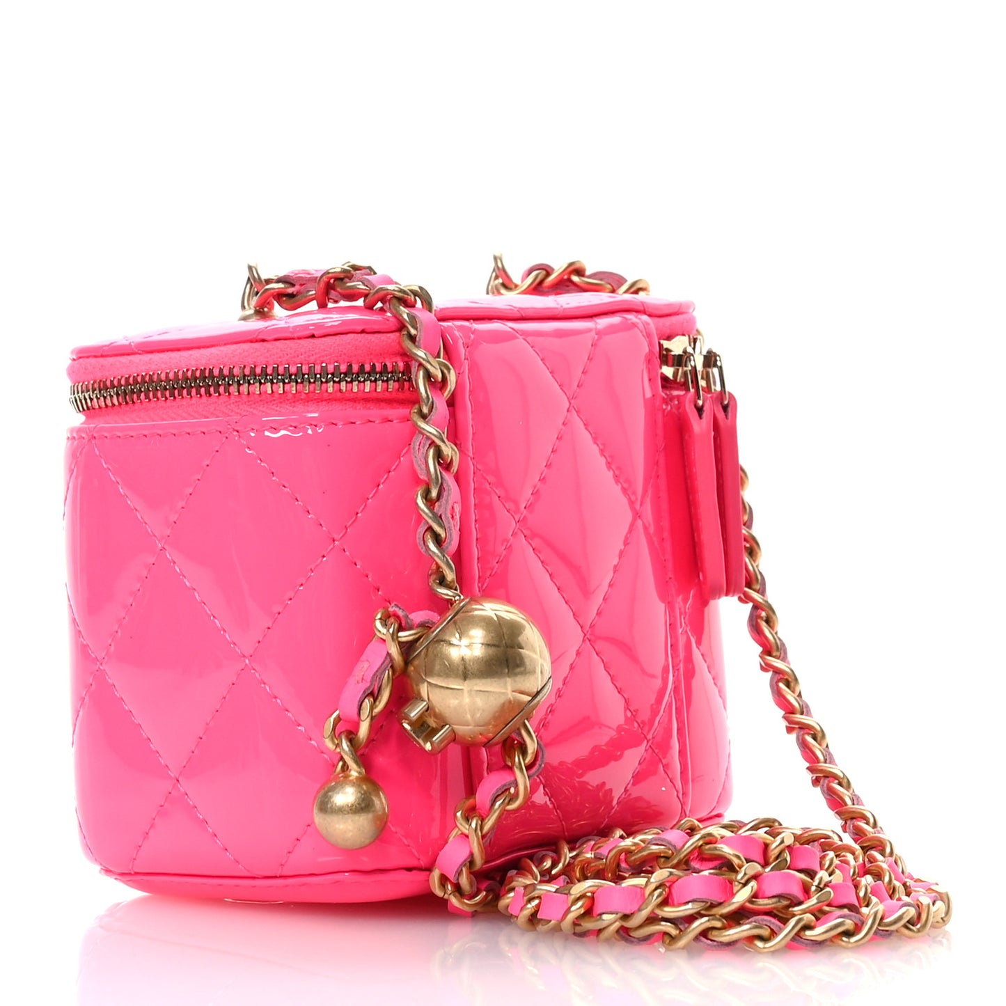 Patent Quilted Pearl Crush Mini Vanity Case With Chain Neon Pink