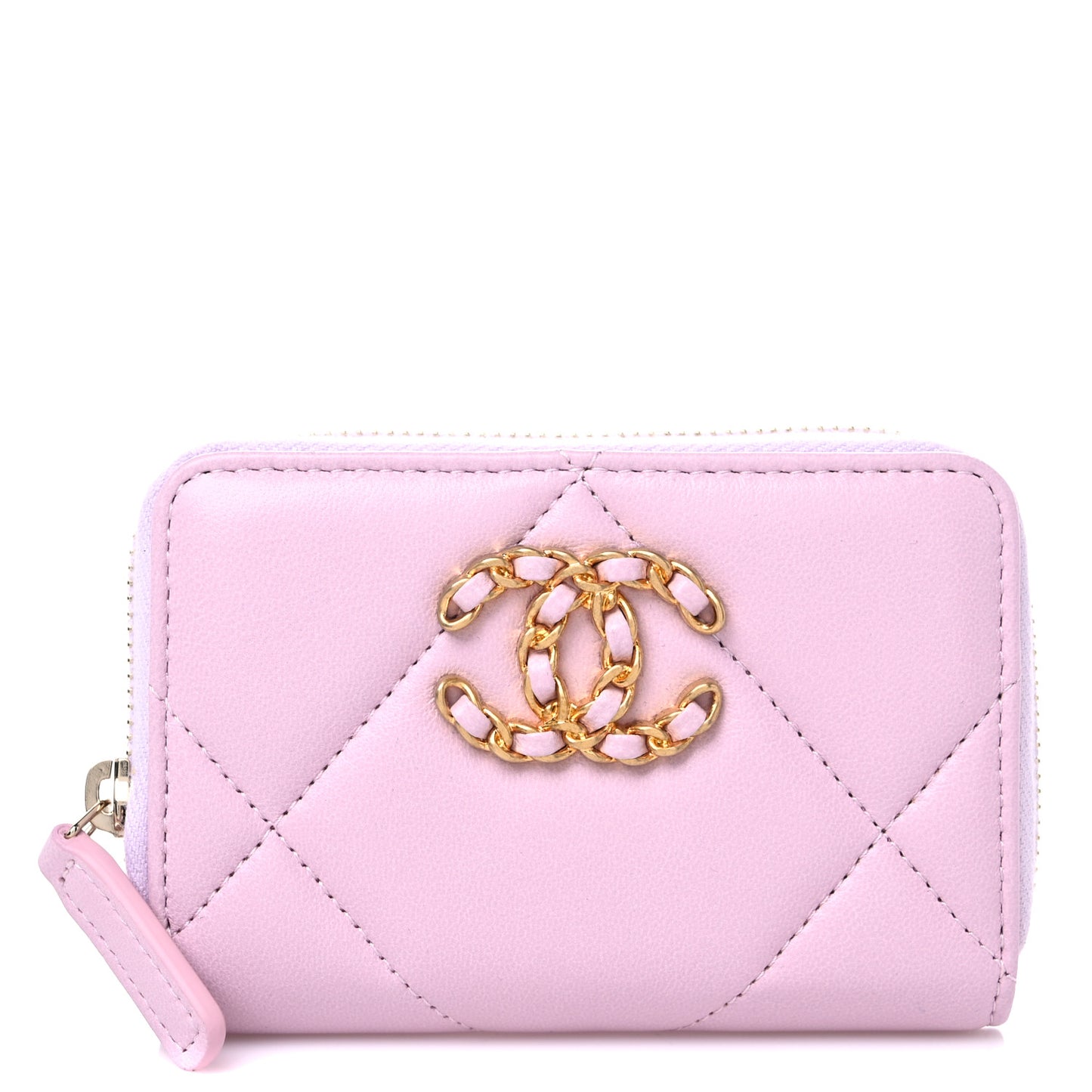 Lambskin Quilted Chanel 19 Zip Around Coin Purse Wallet Light Pink
