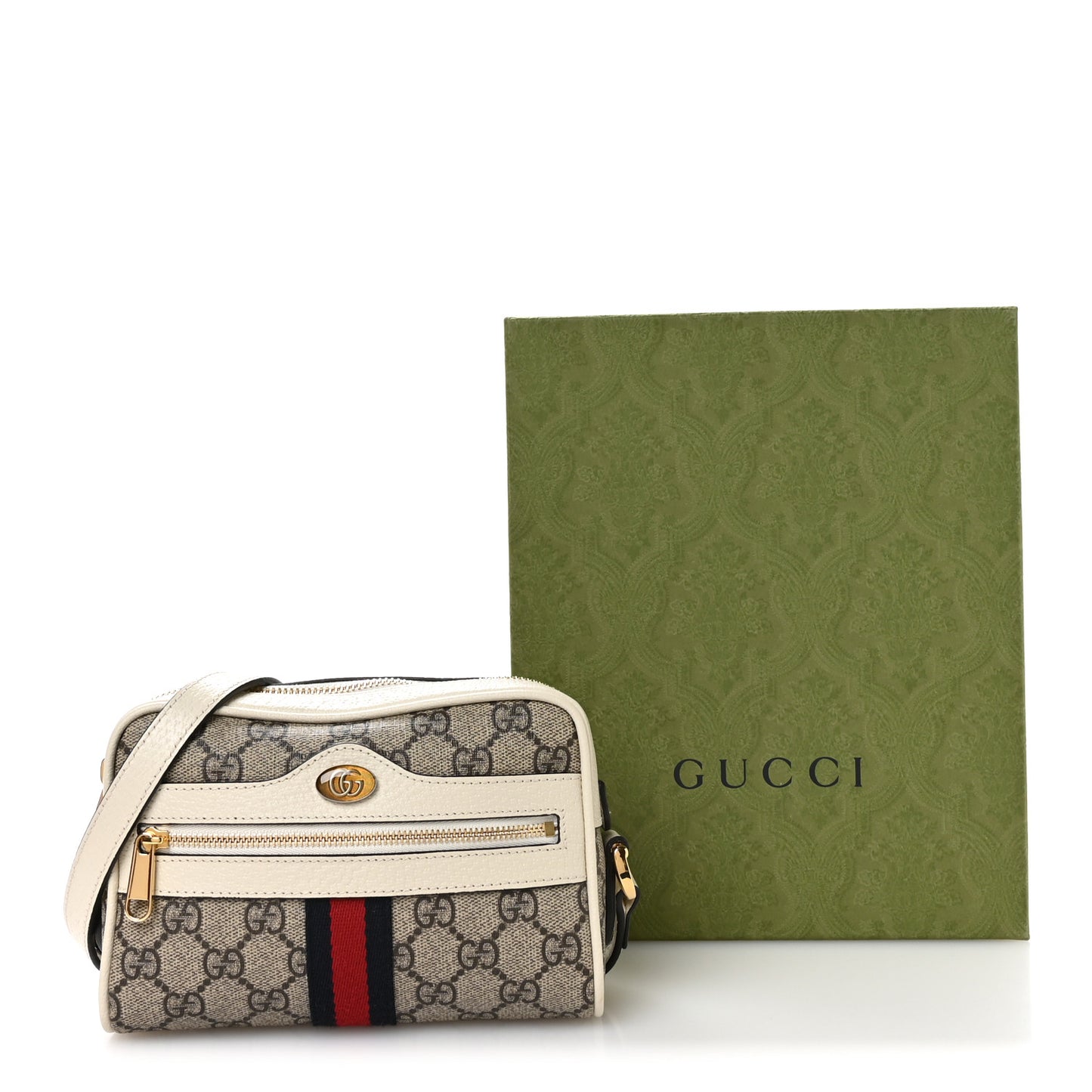 GG Supreme Monogram Textured Calfskin Web Mini Ophidia Shoulder Bag Beige Ebony Mystic White