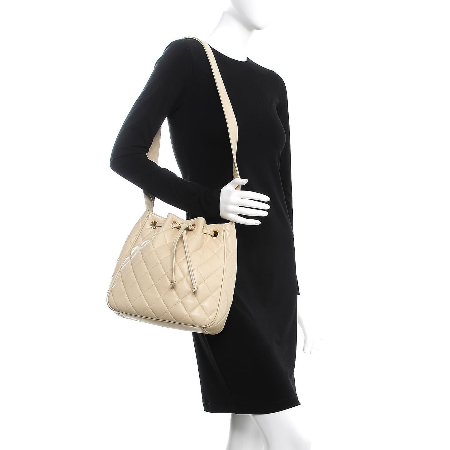 Lambskin Quilted Drawstring Shoulder Bag Beige