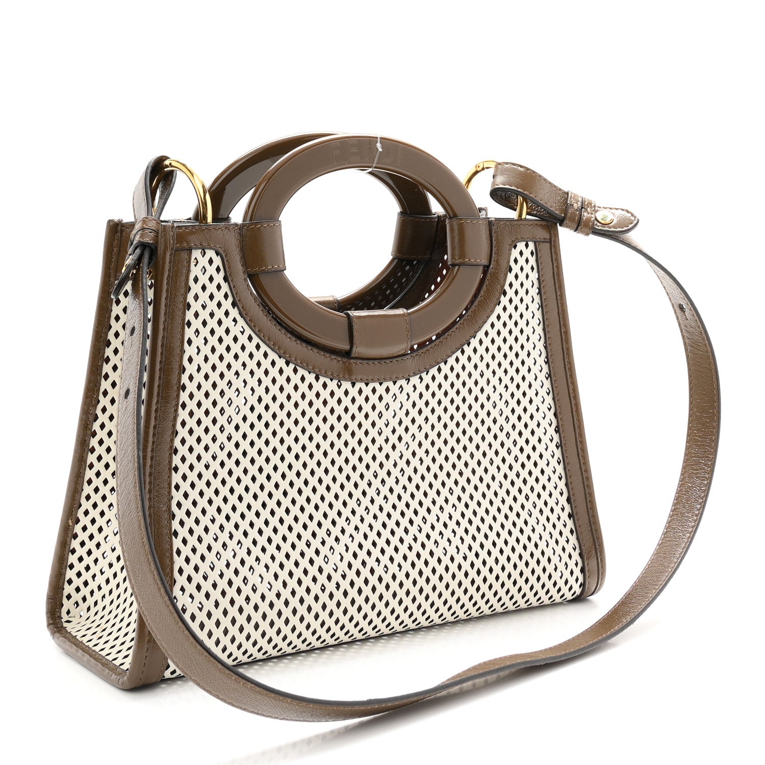 Fendi Vitello Liberty Glossy Lambskin Perforated Small Runaway Shopper Tote White Ice Rust Maya 3 of 10