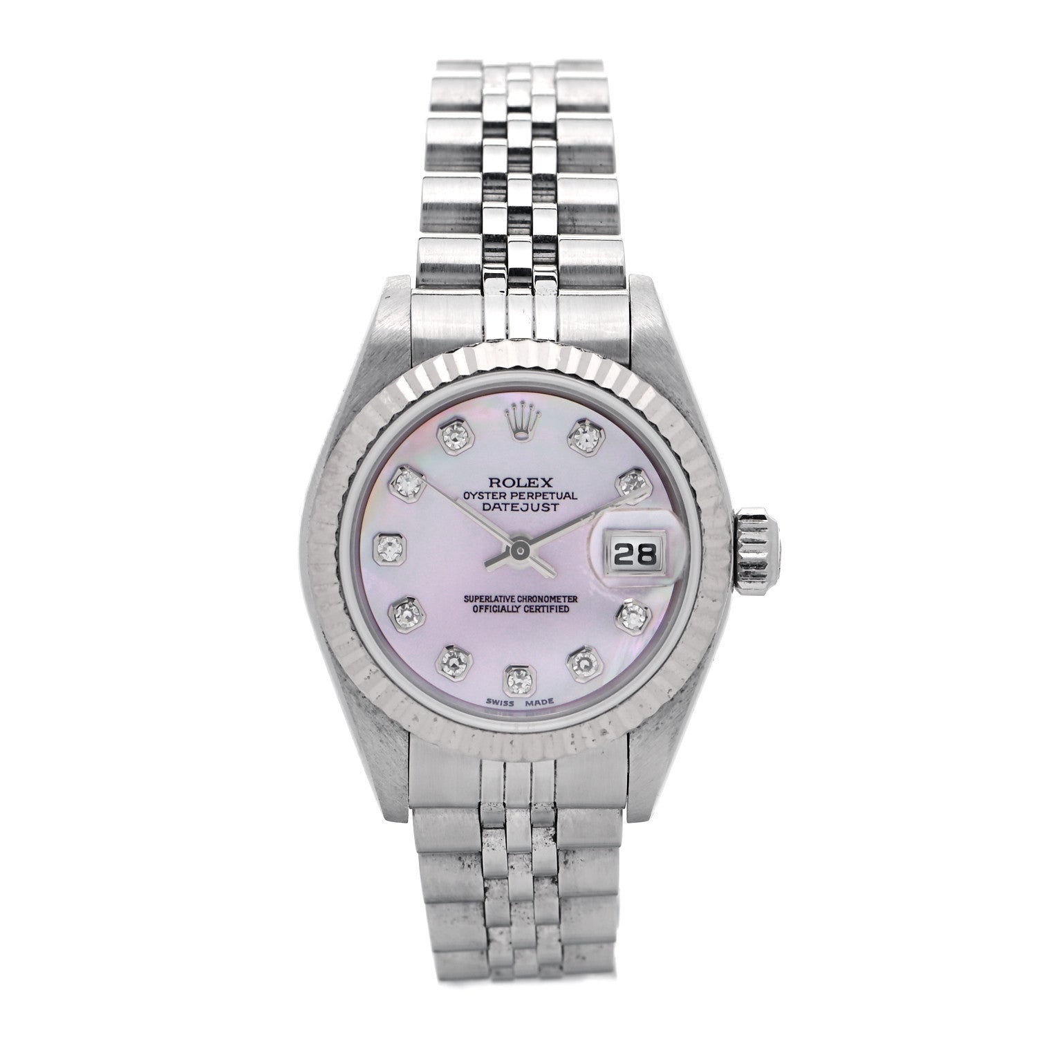 Rolex Stainless Steel 18K White Gold Diamond Pink Mother of Pearl 26mm Oyster Perpetual Datejust Watch 79174 1 of 4