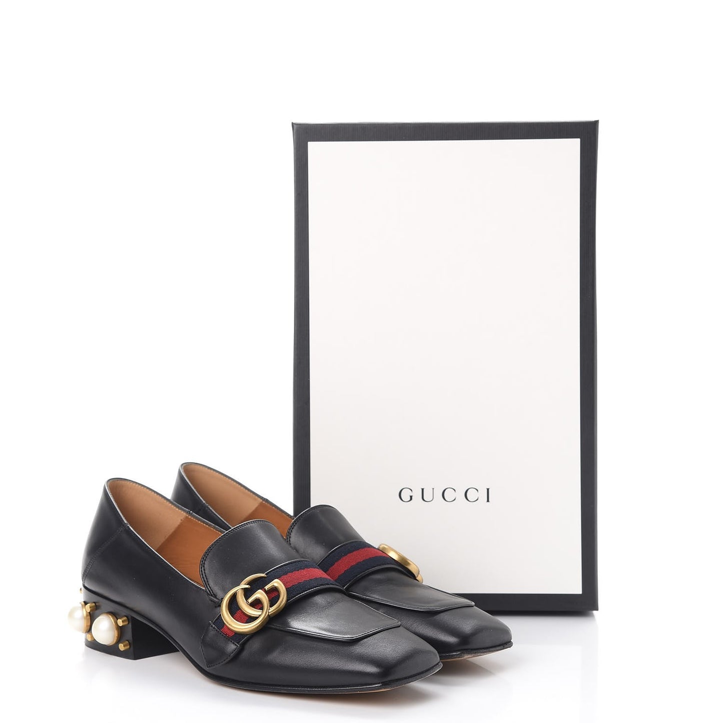 Calfskin Web Pearl Embellished Peyton Loafers 38.5 Black