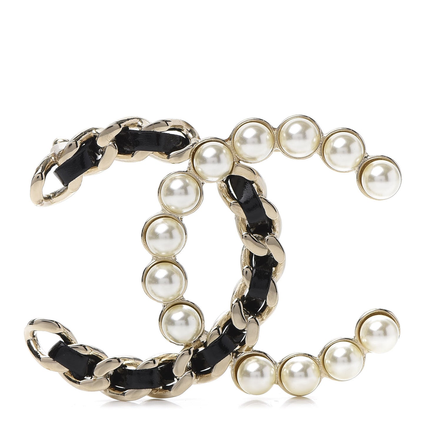 Lambskin Pearl CC Chain Brooch Black Gold