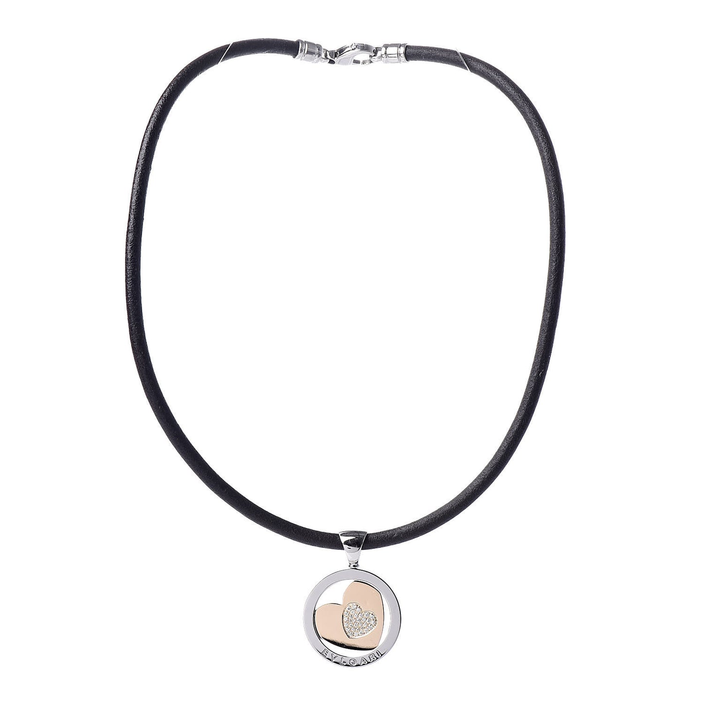 Stainless Steel 18K Yellow Gold Diamond Tondo Heart Pendant Necklace Black