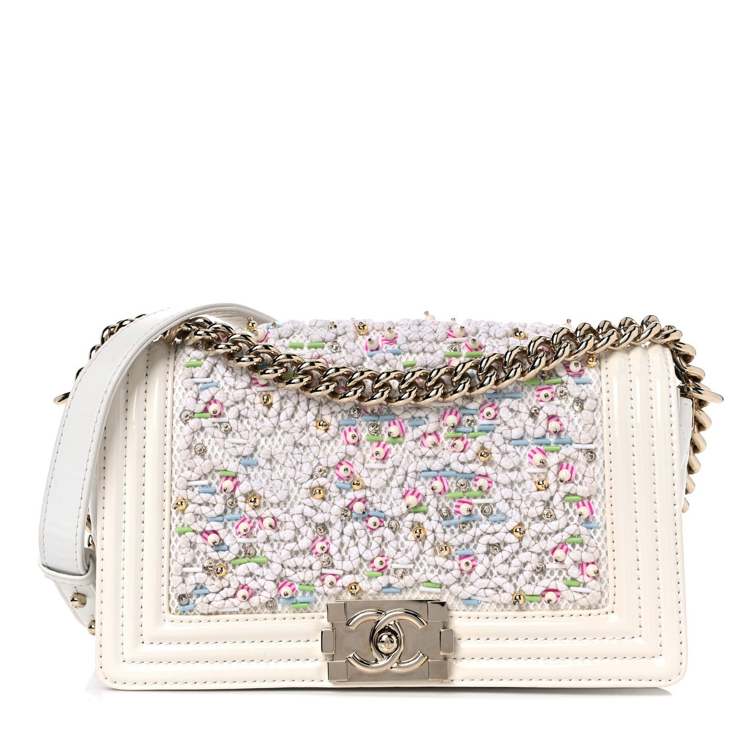 Patent Sequin Medium Boy Chanel Flap White Pink Light Blue