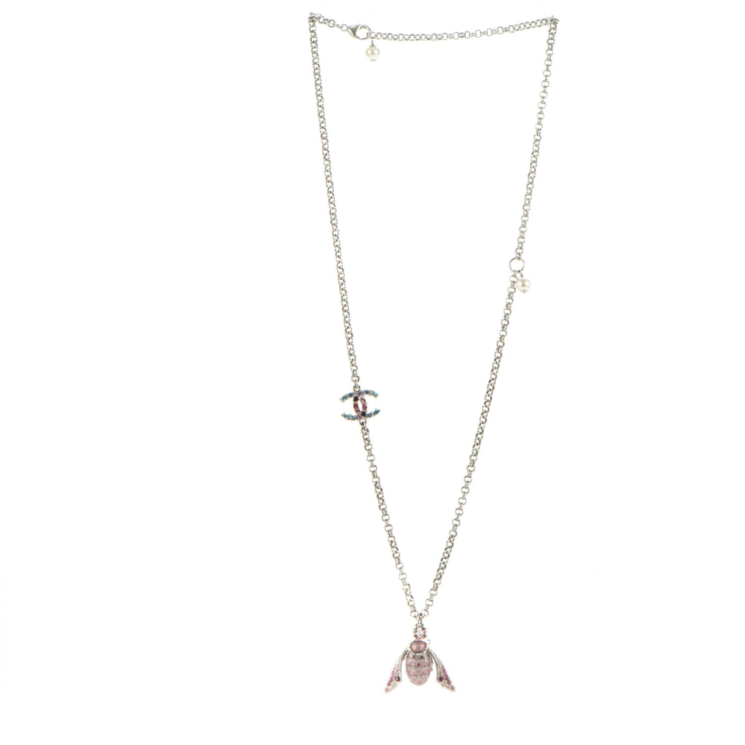 Chanel Crystal Bee Pendant Necklace Silver Multicolor 3 of 7