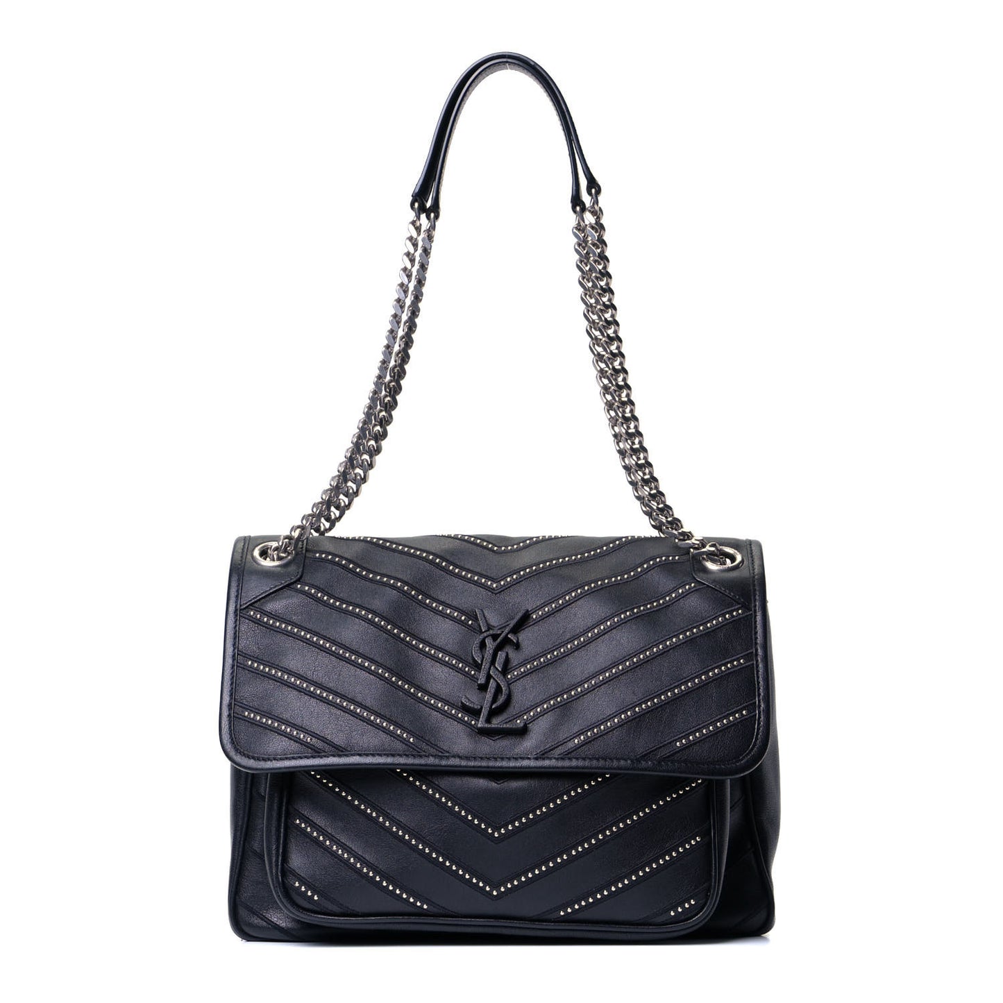 Lambskin Matelasse Monogram Microstud Medium Niki Chain Satchel Black