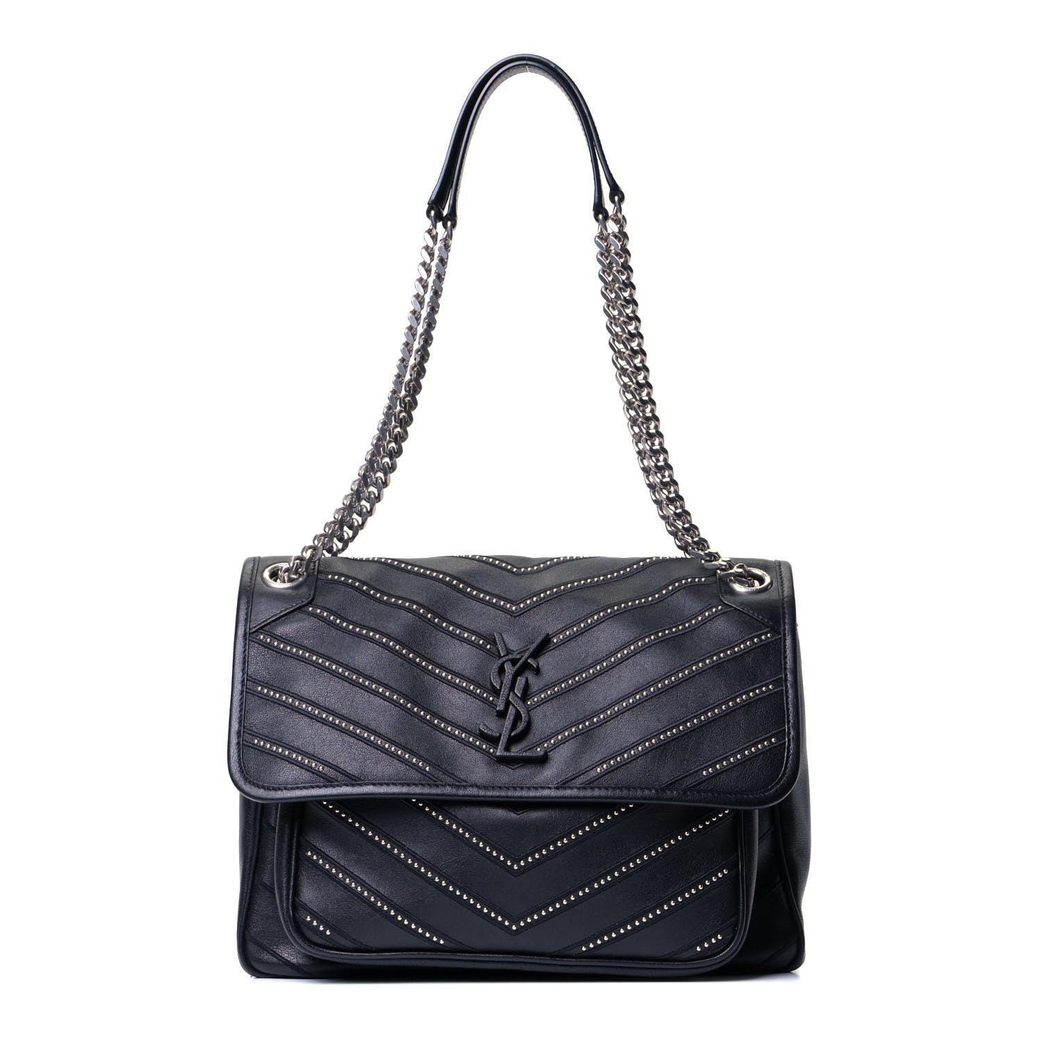 Saint Laurent Lambskin Matelasse Monogram Microstud Medium Niki Chain Satchel Black 1 of 7