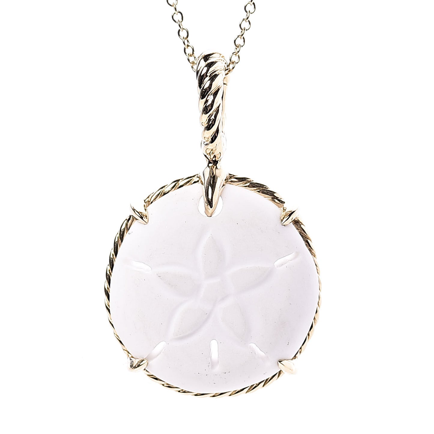 18K Yellow Gold White Agate Sand Dollar Amulet Pendant Necklace