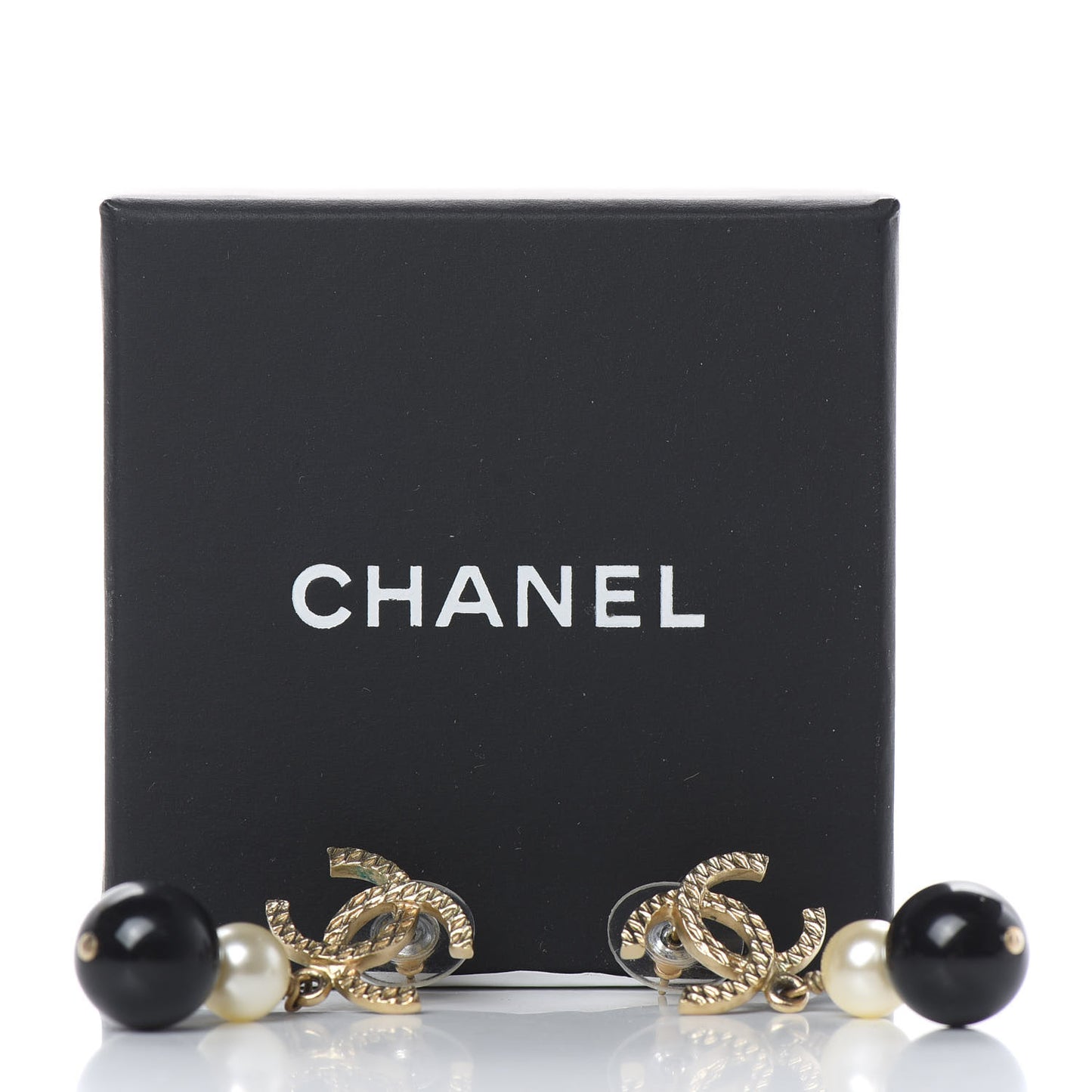 Pearl Bead CC Drop Earrings Black Gold