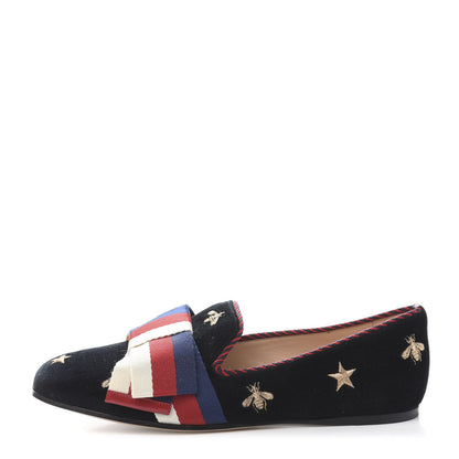 Gucci Velvet Bee Star Embroidered Sylvie Bow Loafers 36.5 Black 1 of 9