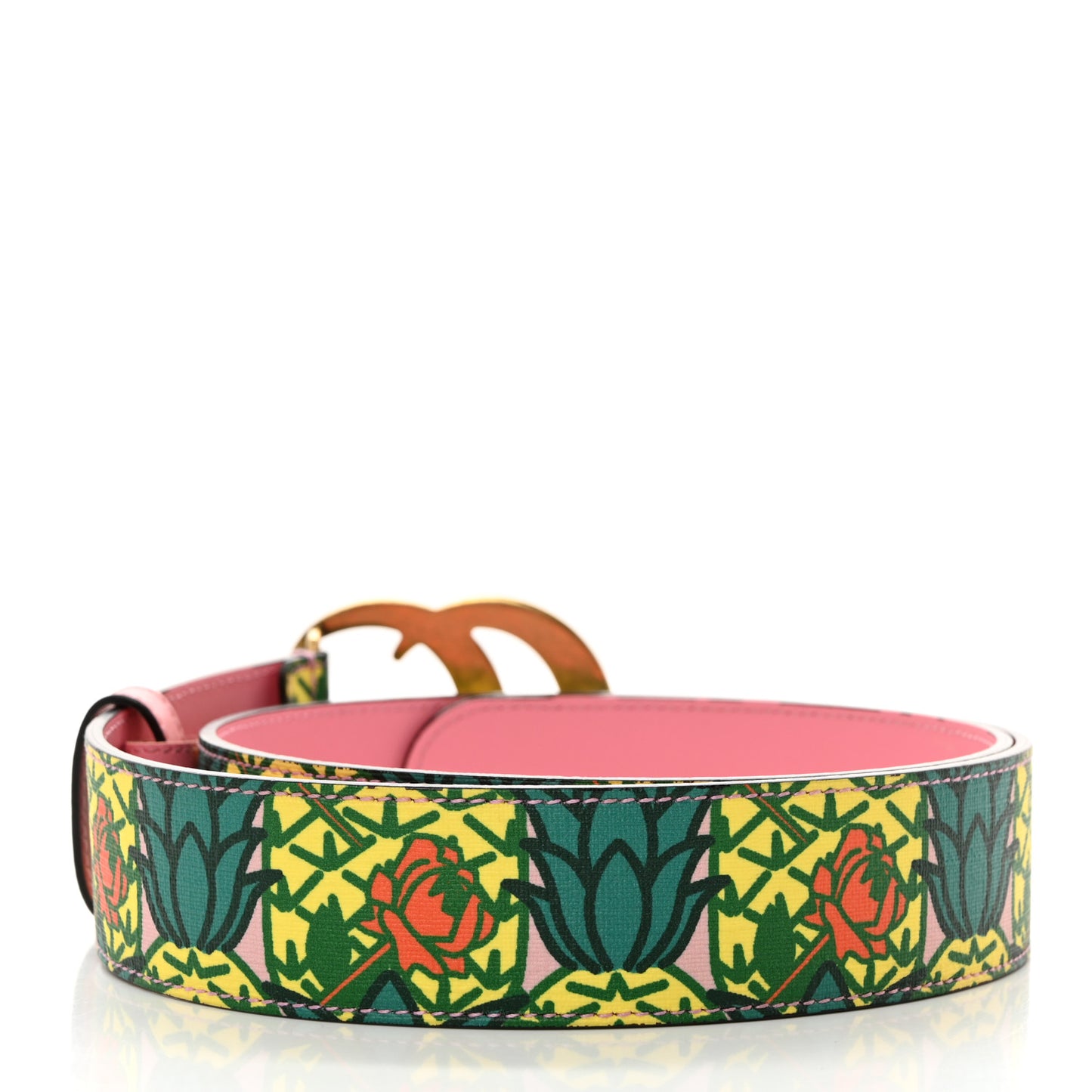 Supreme Canvas Textured Dollar Calfskin Pineapple Rose Double G 40mm Belt 85 34 Yellow Green Butter Pink