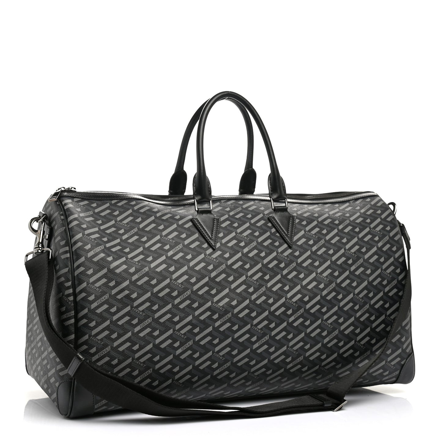 Coated Canvas Calfskin La Greca Signature Travel Bag Black Grey