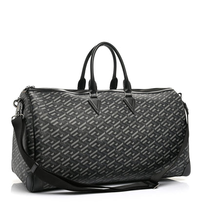 Versace Coated Canvas Calfskin La Greca Signature Travel Bag Black Grey 3 of 12
