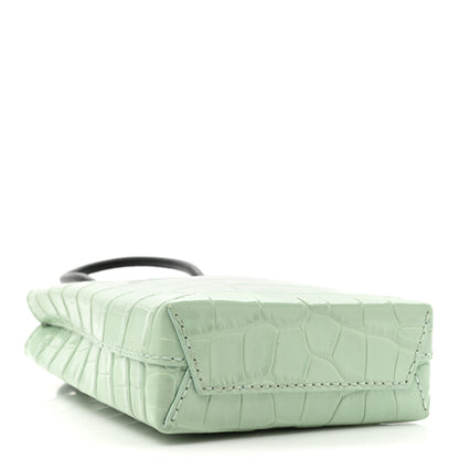 Balenciaga Shiny Calfskin Logo Crocodile Embossed Shopping Phone Holder Bag Light Green Black 4 of 12