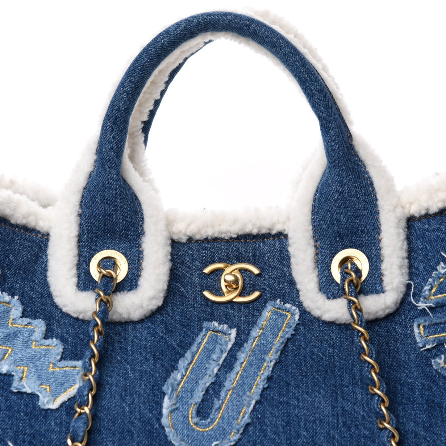 Denim Shearling Hieroglyph Coco Tote Blue