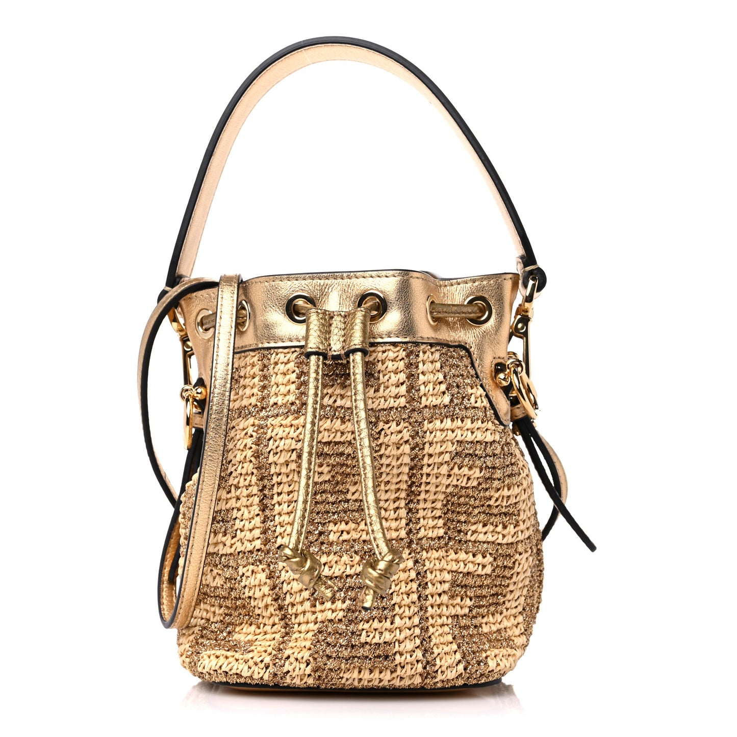 Raffia Lurex Vitello Laminato F is Fendi FF Crochet Mini Mon Tresor Bucket Bag Natural Oro