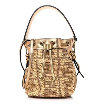 Fendi Raffia Lurex Vitello Laminato F is Fendi FF Crochet Mini Mon Tresor Bucket Bag Natural Oro 1 of 9