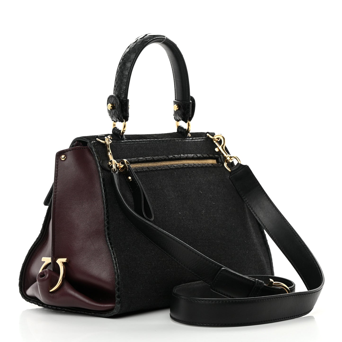 Calfskin Suede Snakeskin Small Sofia Satchel Black Burgundy